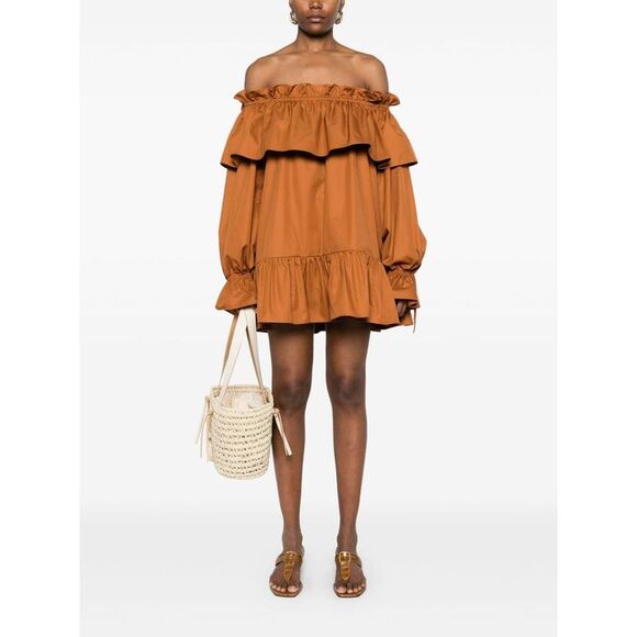SAINT LAURENT Off-the-Shoulder Ruffled Midi Dress Women BROWN Dresses